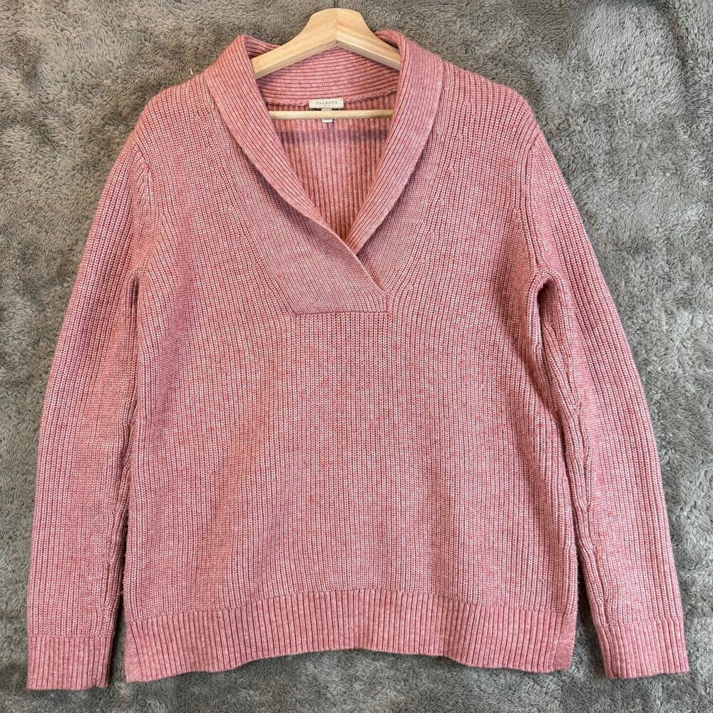 Talbots Pink Shawl Collar Sweater V Neck Ribbed Shaker Stitch S Small Wool Blend
